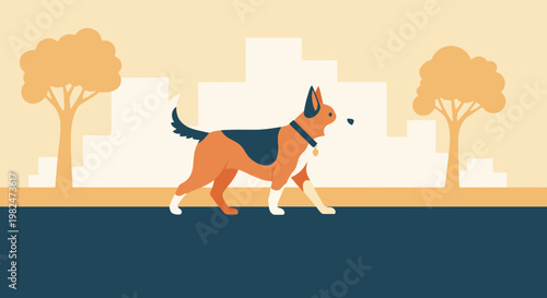 A German Shepherd dog walks confidently on a sidewalk with trees and city buildings in the background.