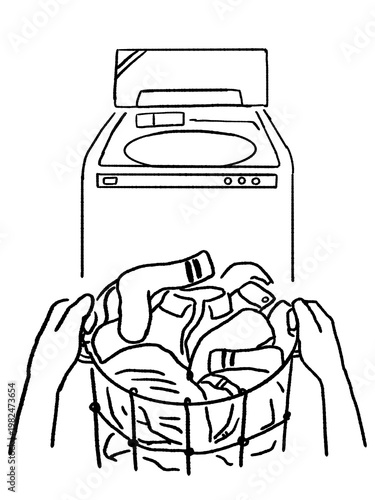 洗濯物が入ったランドリーバスケットを両手で持つイラスト
Illustration of hands holding a laundry basket full of clothes