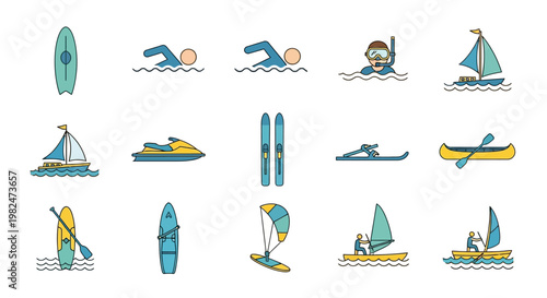 Collection of flat line icons representing various water sports, activities, and recreational equipment like surfing, swimming, sailing, kayaking, and jet skiing.