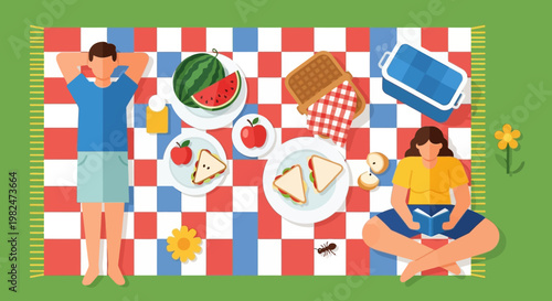 An overhead view of a couple enjoying a summer picnic outdoors with food, drinks, and a checkered blanket on green grass.