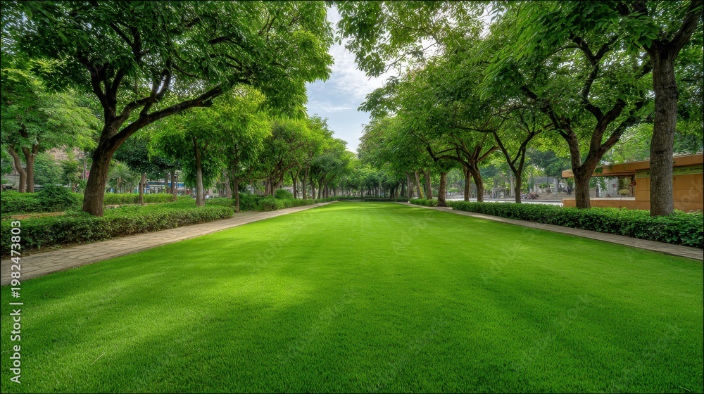 Obraz premium Lush Green Lawn Surrounded by Vibrant Trees in a Serene Park Setting with Clear Sky and Inviting Pathway for Relaxation and Leisure Activities