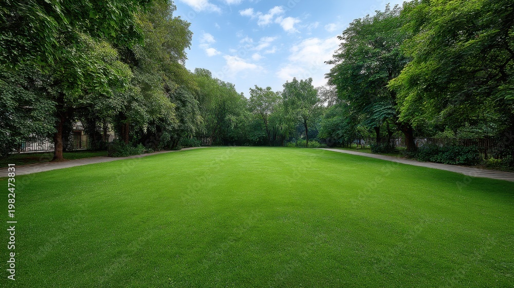 Obraz premium Lush Green Meadow Surrounded by Vibrant Trees Under a Clear Blue Sky on a Bright Sunny Day in a Park Setting for Outdoor Activities and Relaxation