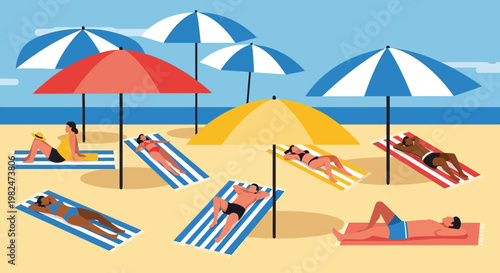 A vibrant illustration depicts a sunny beach scene with diverse people relaxing under colorful umbrellas and enjoying the warm weather.