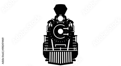Vintage Steam Locomotive Silhouette, Front View, Black and White