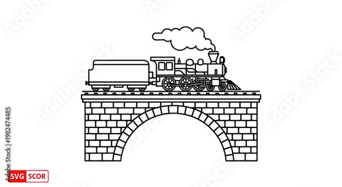 Vintage Steam Train Crossing Stone Bridge, Black and White Line Art
