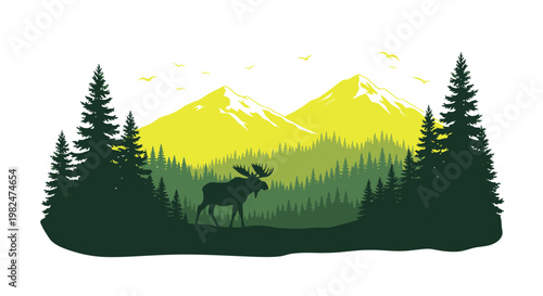 Obraz na płótnie Majestic Moose Silhouette in Evergreen Forest with Snow-Capped Mountains