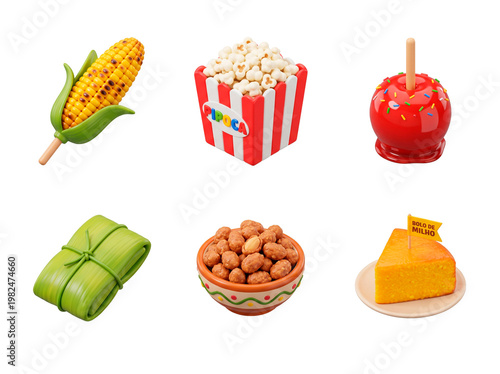 3D Render Collection of Traditional Brazilian Festa Junina Food Icons Isolated on Transparent Background
