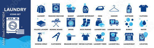 Laundry icon collection set. Containing design laundry, washing machine, detergent, clothing, laundromat