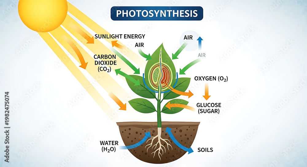 Fototapeta premium Diagram illustrating the process of photosynthesis in plants.