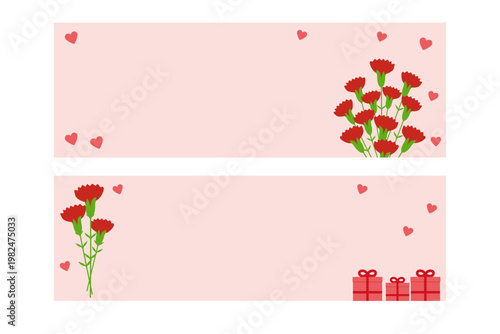 カーネーションの花束とプレゼントのイラストが描かれた母の日のピンクのバナーデザイン。