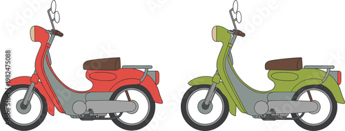 Classic motor scooter illustration pair featuring colorful retro urban transport vehicles