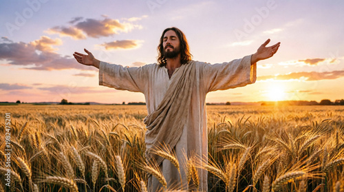Jesus walks through golden wheat at sunset, symbolizing peace, faith, hope, and renewal.