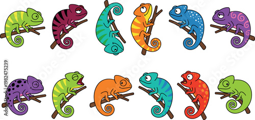 Colorful Cartoon Chameleon Characters Collection Sitting on Branches with Various Patterns and Bright Colors in Playful Wildlife Vector Illustration Set