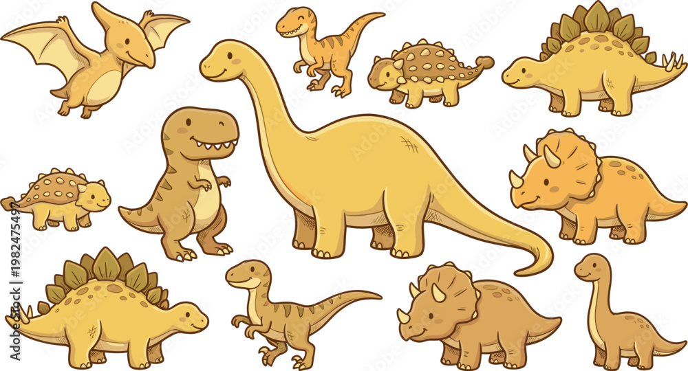 Obraz premium Cute Cartoon Dinosaur Characters Collection with T Rex, Triceratops, Stegosaurus, and Pterodactyl in Playful Prehistoric Animal Vector Illustration Set
