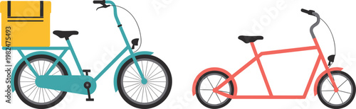 Colorful bicycle set with delivery cargo bike and compact urban commuter design