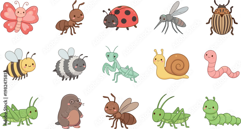 Obraz premium Cute Cartoon Insect Characters Collection with Butterfly, Bee, Ladybug, Ant, Snail, Worm, and Grasshopper in Playful Kawaii Style Illustration Set