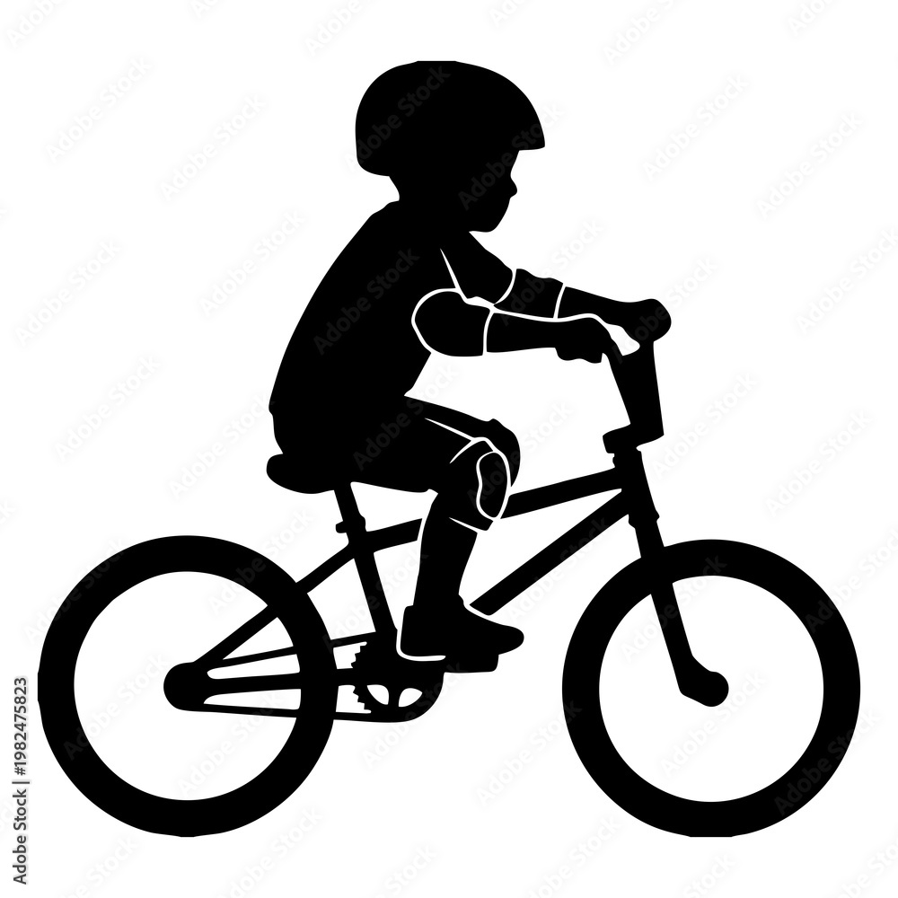 Naklejka premium silhouette of a child riding a BMX bike with head protection and elbow protectors