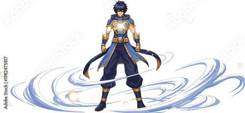 Anime warrior character with dynamic water energy effect, detailed vector illustration for fantasy, game design, action scenes and powerful hero concept artwork