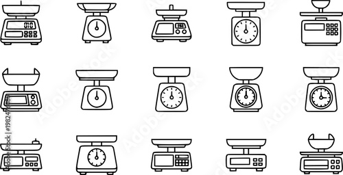 Kitchen scales icons on white background. EPS 10. Editable linear style stroke. Vector icon
