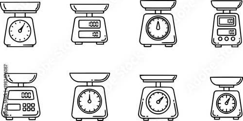 Kitchen scales icons on white background. EPS 10. Editable linear style stroke. Vector icon
