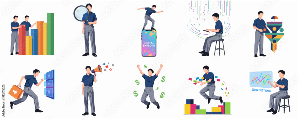 Fototapeta premium Flat Style Businessman Activity Set of Performance, Growth and Innovation Icons