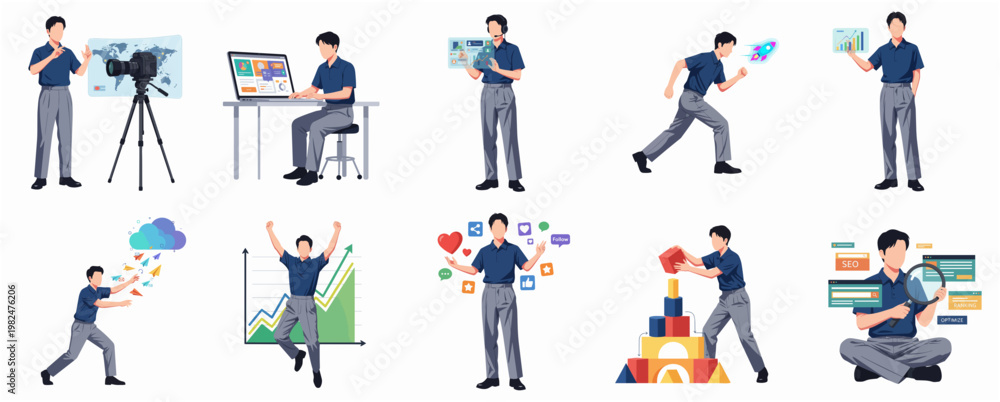 Fototapeta premium Detailed Illustration of Young Adult Male in Business Activity Character Set