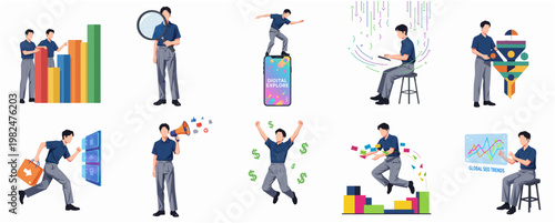 Flat Style Businessman Activity Set of Performance, Growth and Innovation Icons