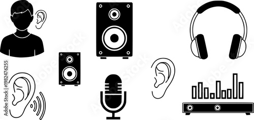 Listening icons in line art and flat black clipart design style

