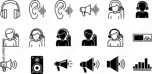 Listening icons in line art and flat black clipart design style
