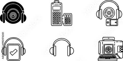 Listening icons in line art and flat black clipart design style
