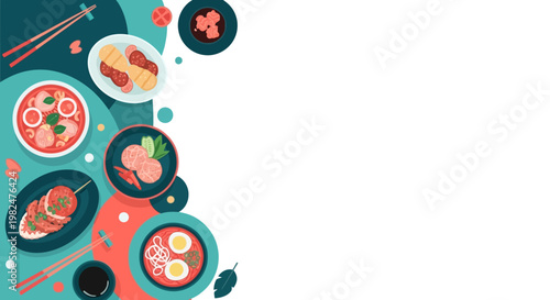 Asian food background with ramen, dim sum, and skewers in flat vector style on white background with copy space.
