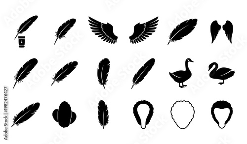 Bird feather icon set quill pen angel wing swan feather silhouettes vector collection