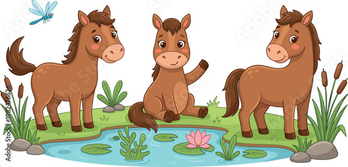 Cuadro en lienzo Cute Cartoon Horse Characters Around Pond with Water Lily, Dragonfly, and Grass