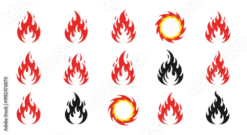 Set of stylized fire icons and flames, vector illustrations