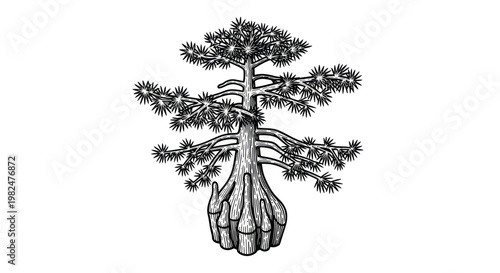 Sketch of a Coastal Redwood Tree with Buttress Roots, Black and White Illustration