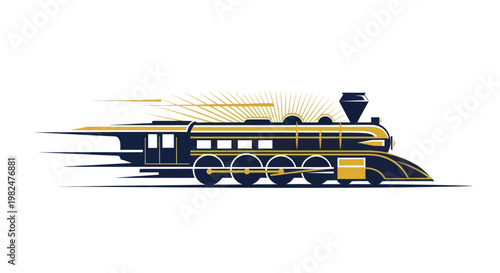 Vintage steam locomotive speeding forward, art deco style, golden sun rays