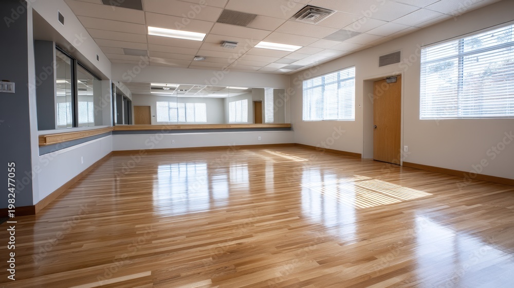 Fototapeta premium Bright and Spacious Empty Dance Studio with Wooden Floors and Large Windows Ideal for Classes and Rehearsals in a Modern Setting