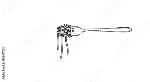 Hand-drawn pasta on fork illustration, simple line art, minimalism, food concept