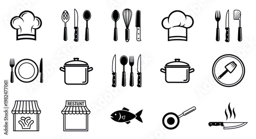 Kitchen Utensils Icons Set: Chef Hat, Pots, Knives, Pans, Fish, Restaurant