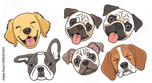 Cute dog face collection with different breeds and expressions, hand drawn vector illustration set for pets, animals, stickers, branding and playful design use