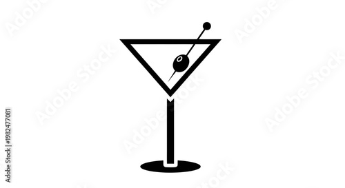 Minimalist Martini Glass with Olive and Toothpick - Black and White Icon
