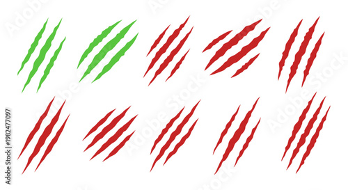 Set of Claw Marks, Scratches, Red and Green, Isolated on White Background