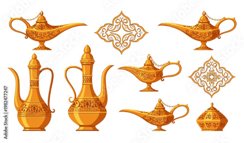 Arabic oil lamp and jug vector set with Aladdin magic genie lamp illustration