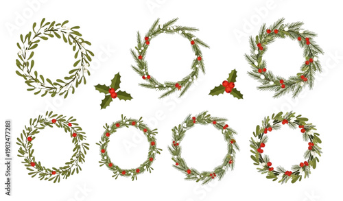 Christmas wreath illustration set with mistletoe and red berries vector decoration