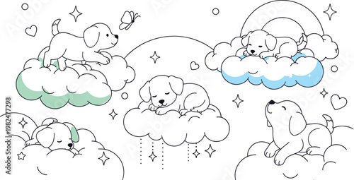 Cute puppy coloring page with dogs sleeping on clouds, dreamy outline vector illustration for kids activity, nursery art, relaxation and creative coloring design