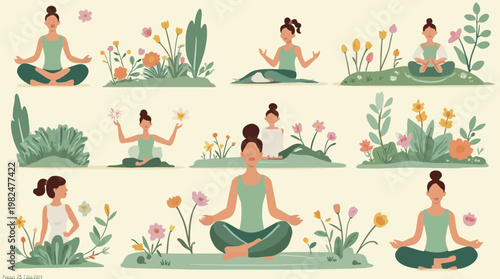 Women practice yoga and meditation surrounded by lush green foliage and vibrant flowers.