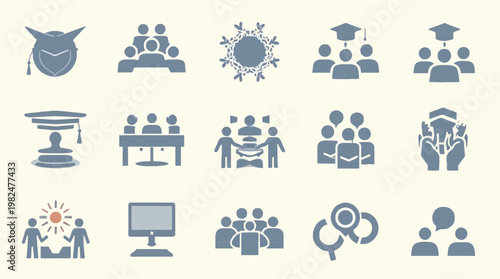 Education and business collaboration icon set for learning and community topics.