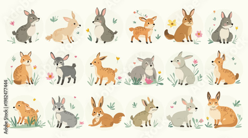 Twenty adorable cartoon rabbits and hares in various poses surrounded by flowers