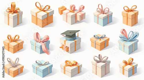 Collection of various colorful gift boxes and presents with ribbons, perfect for celebrations.