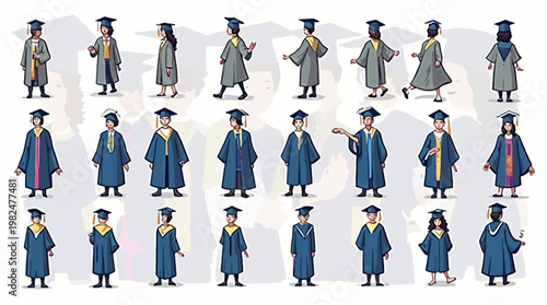 A diverse collection of cartoon illustrations featuring graduates in caps and gowns